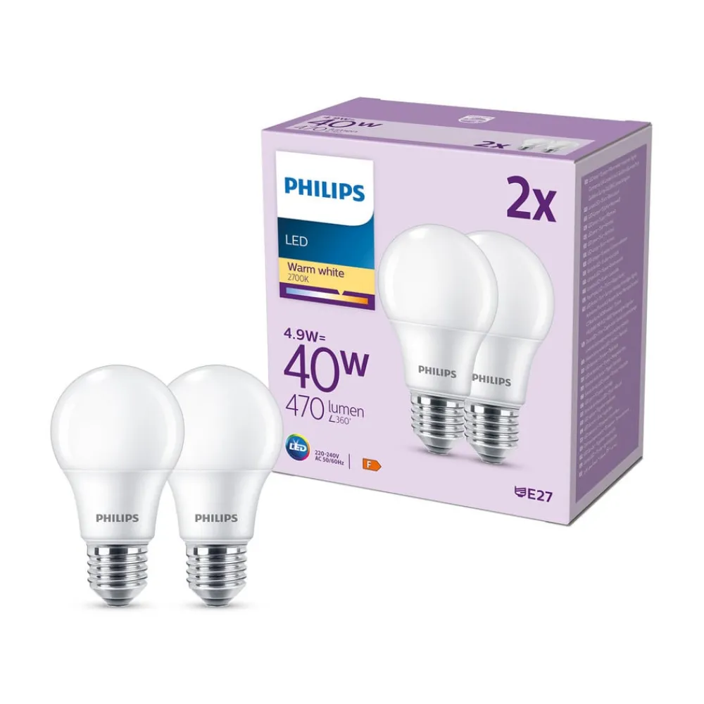 Philips LED-pære E27, 4,9W 470lm 2 700 K matt 2stk| E27 Pærer