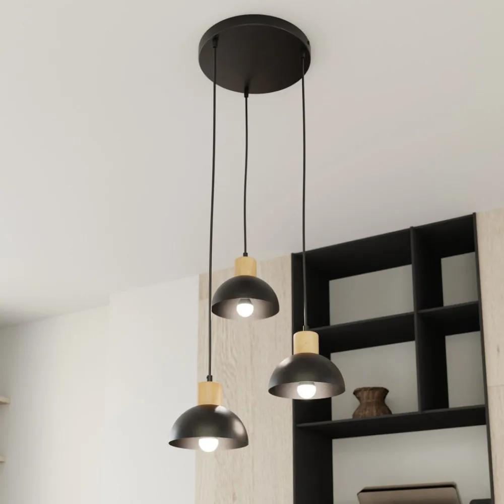EMIBIG LIGHTING Seco pendellampe, Ø 30 cm, svart, metall/tre, 3 lyskilder. Best