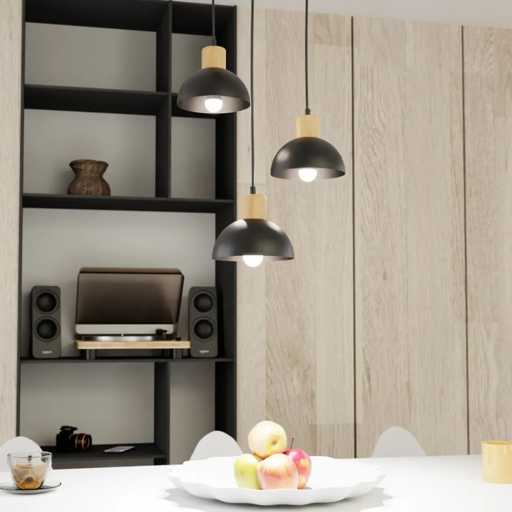 EMIBIG LIGHTING Seco pendellampe, Ø 30 cm, svart, metall/tre, 3 lyskilder. Best