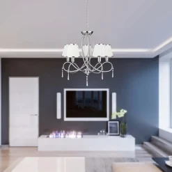 Searchlight Simplicity lysekrone, 5 lyskilder, stoff, krom/hvit, E14| Lysekroner