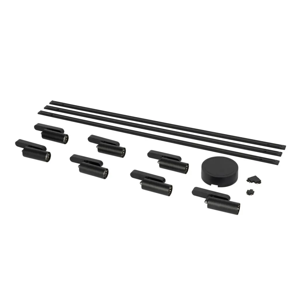 Lindby Skinnesystem 48V Lumaro, spots, 7 lyskilder, svart, Ø 4cm