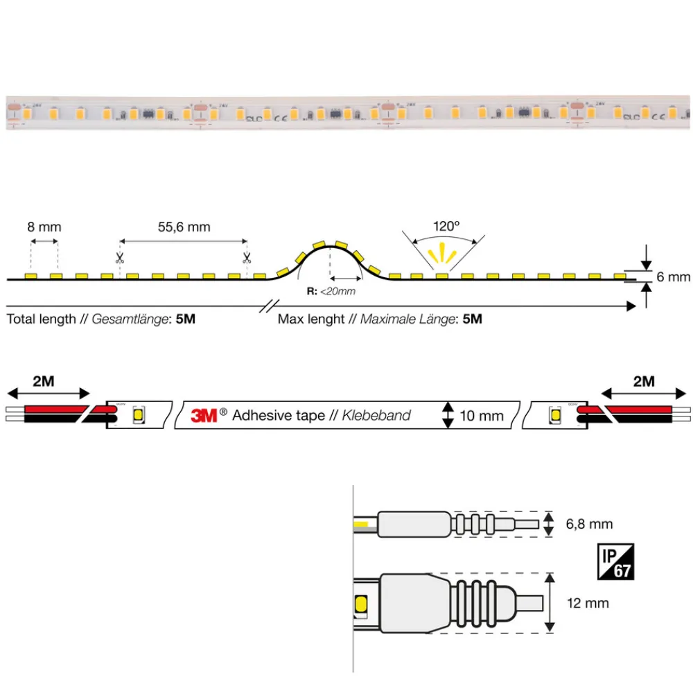 The Light Group SLC LED-Strip badstue opp til 105°C, 24V IP67 5m 3000K Clearance