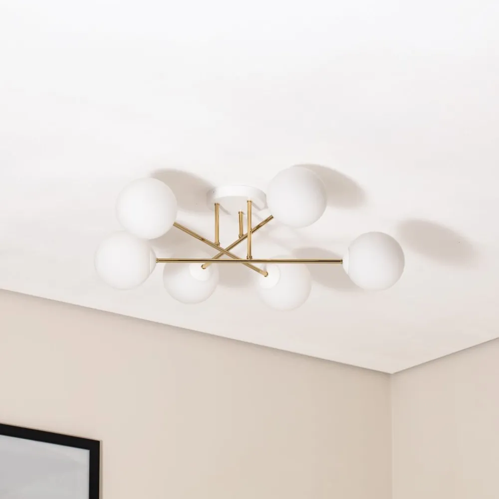 Euluna Taklampe Glassy, 6 lyskilder, hvit/gull/opal| Design- Og Hotellbelysning