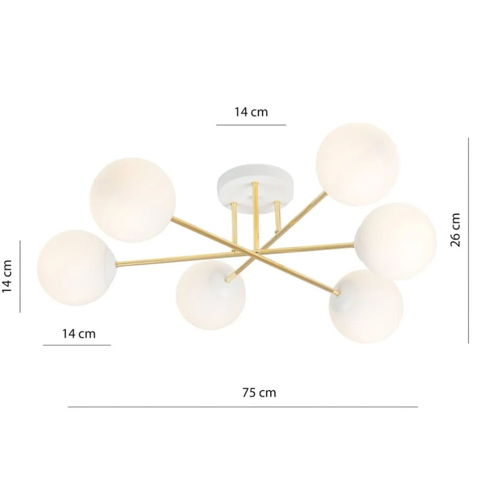 Euluna Taklampe Glassy, 6 lyskilder, hvit/gull/opal| Design- Og Hotellbelysning