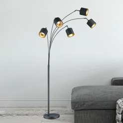 Reality Leuchten Tommy gulvlampe, svart/gull, høyde 200 cm, 5-lys, stoff Online