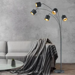 Reality Leuchten Tommy gulvlampe, svart/gull, høyde 200 cm, 5-lys, stoff Online
