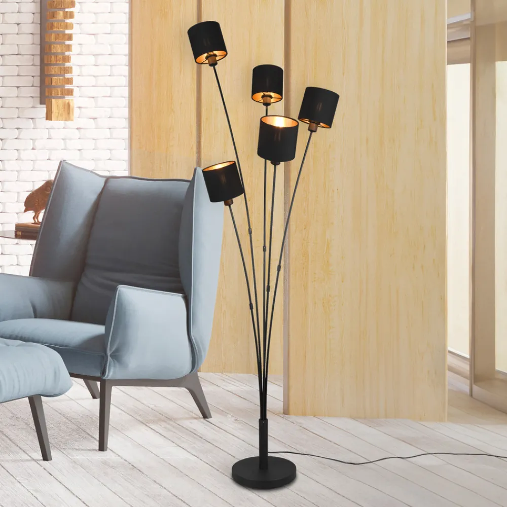 Reality Leuchten Tommy gulvlampe, svart/gull, høyde 163 cm, 5-lys stoff