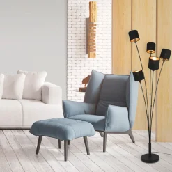 Reality Leuchten Tommy gulvlampe, svart/gull, høyde 163 cm, 5-lys stoff