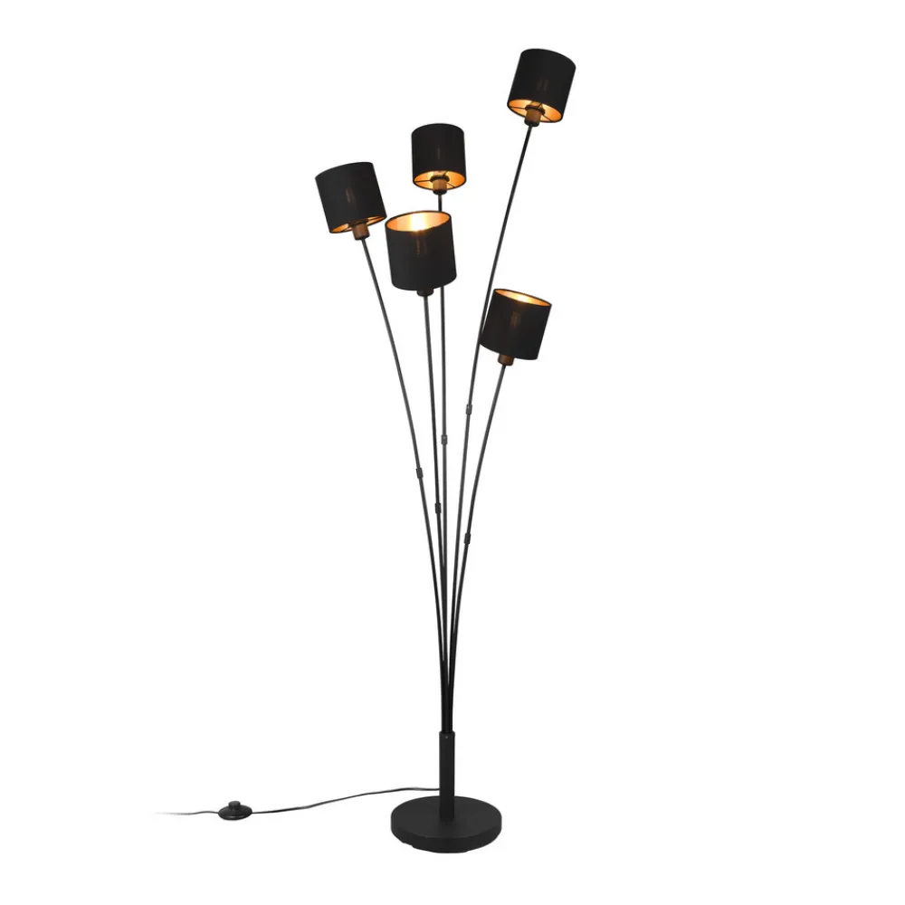 Reality Leuchten Tommy gulvlampe, svart/gull, høyde 163 cm, 5-lys stoff
