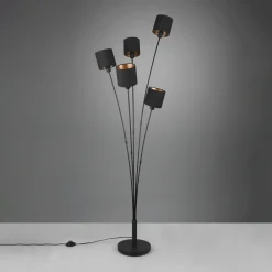 Reality Leuchten Tommy gulvlampe, svart/gull, høyde 163 cm, 5-lys stoff