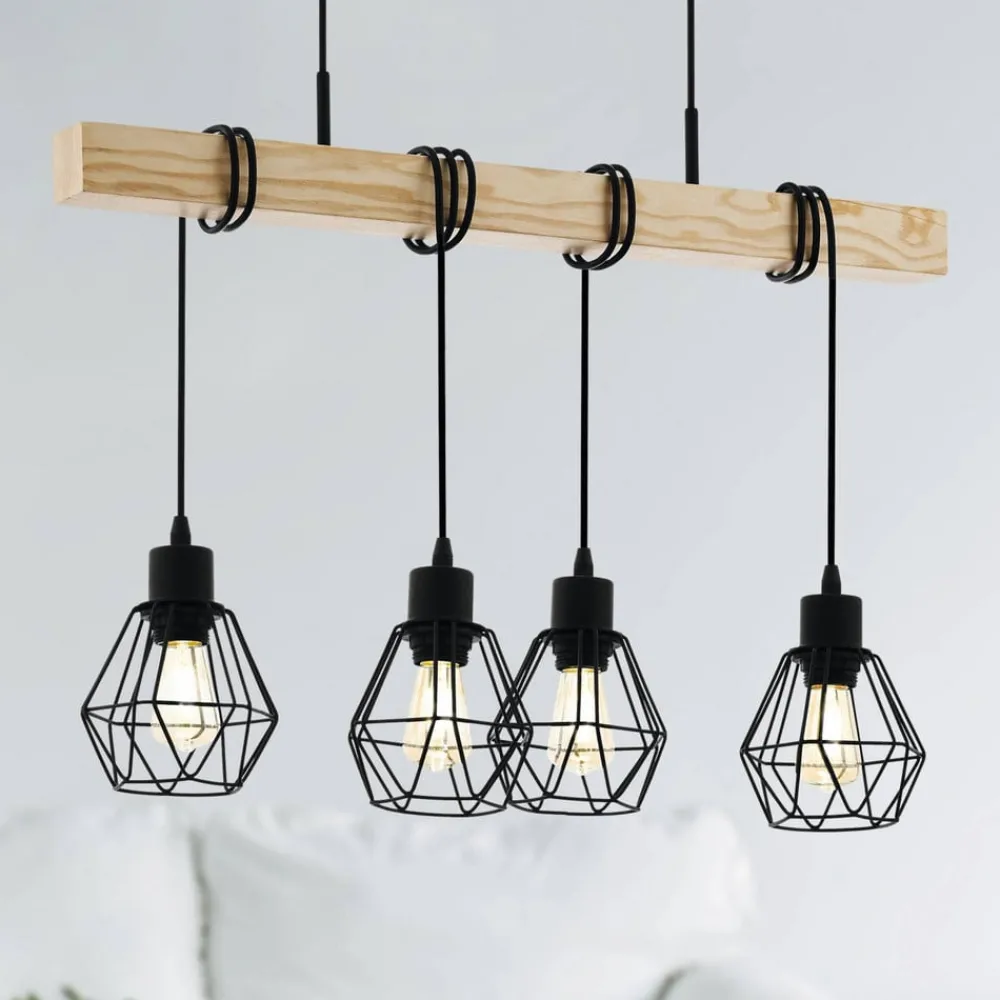 EGLO Townshend hengelampe, lengde 70 cm, svart/eik, 4 lyskilder.| Pendellamper